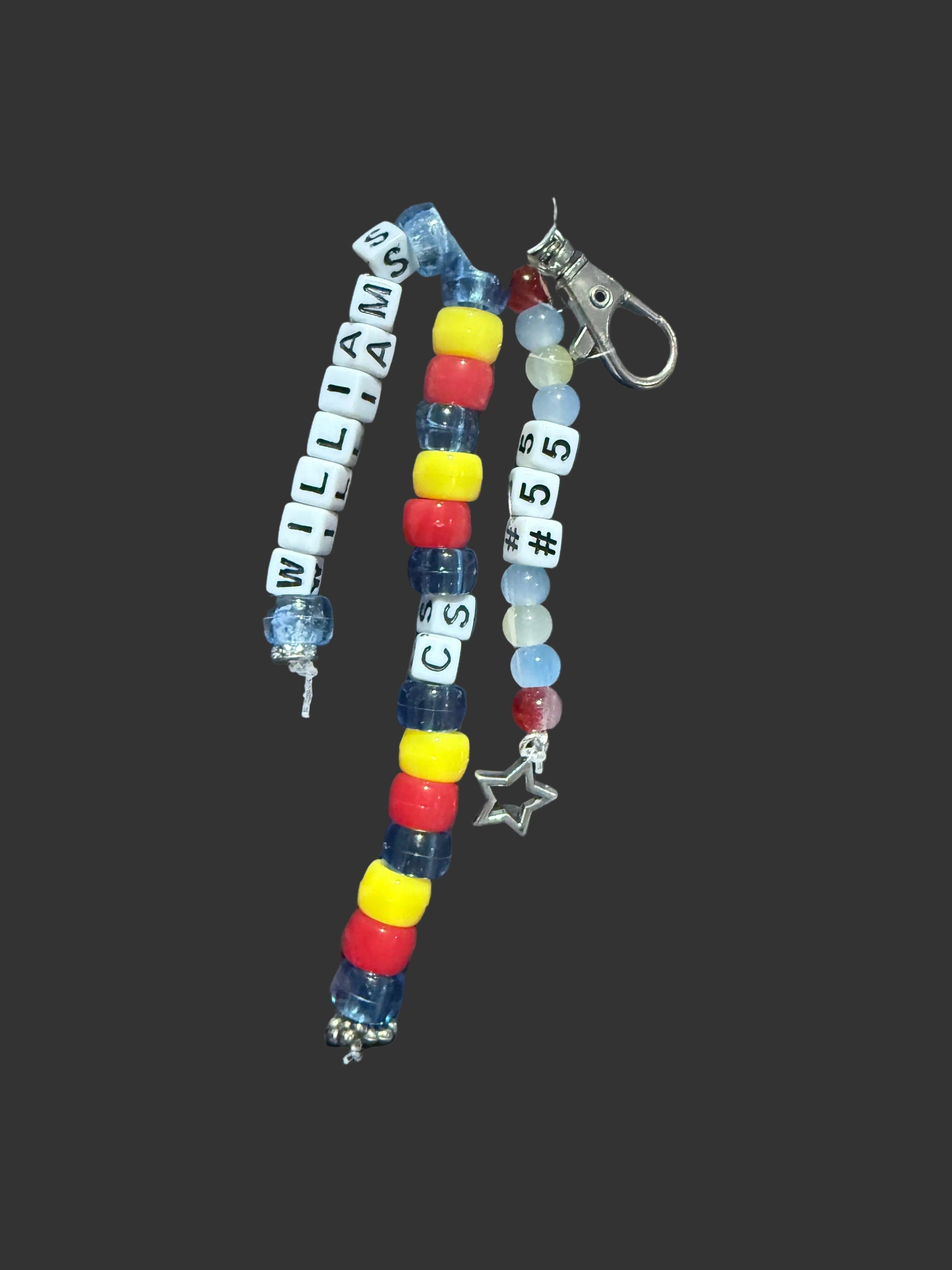 Formula 1 bag charms, hand beaded Driver bag charm keyrings.