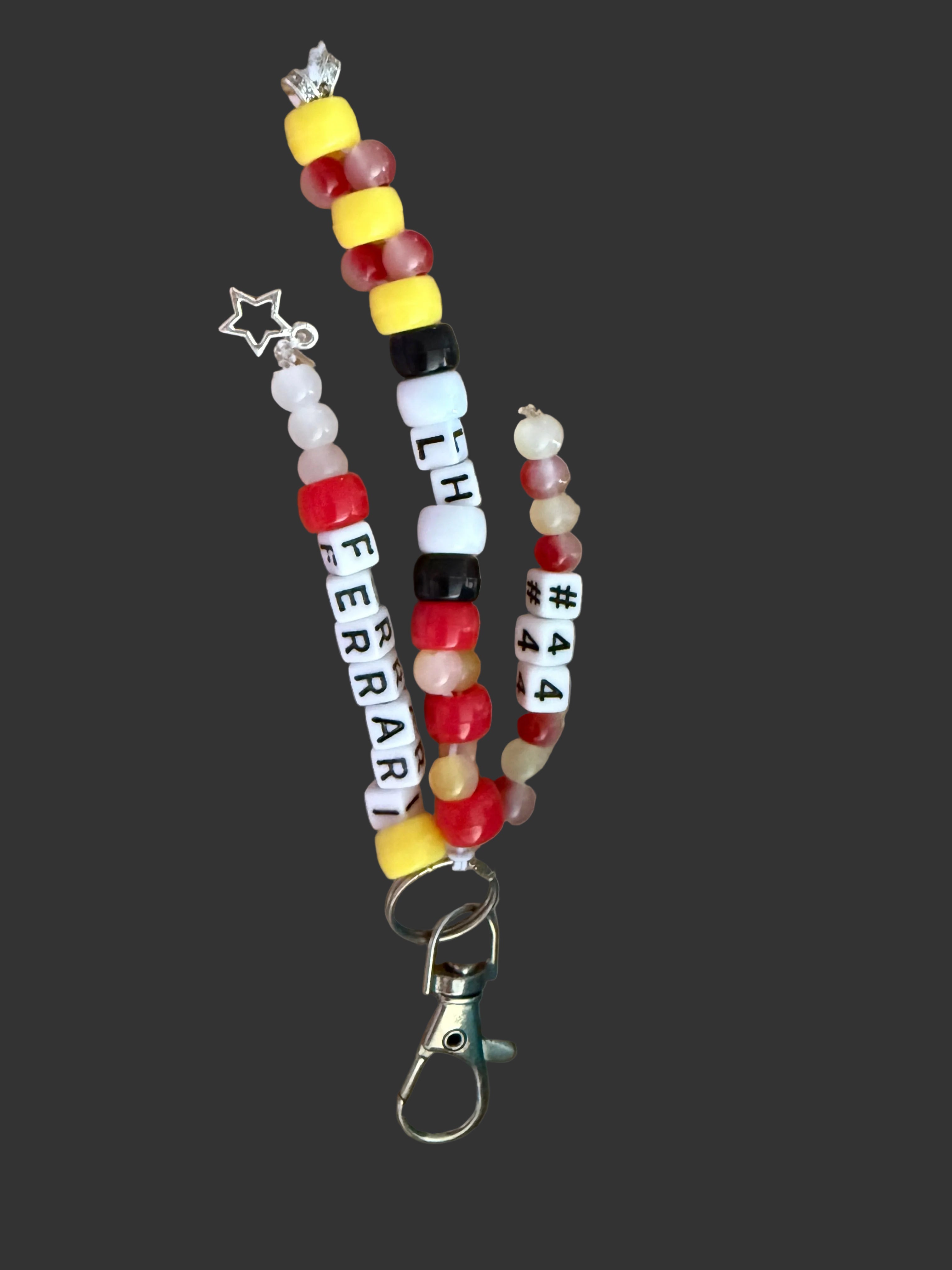 Formula 1 bag charms, hand beaded Driver bag charm keyrings.