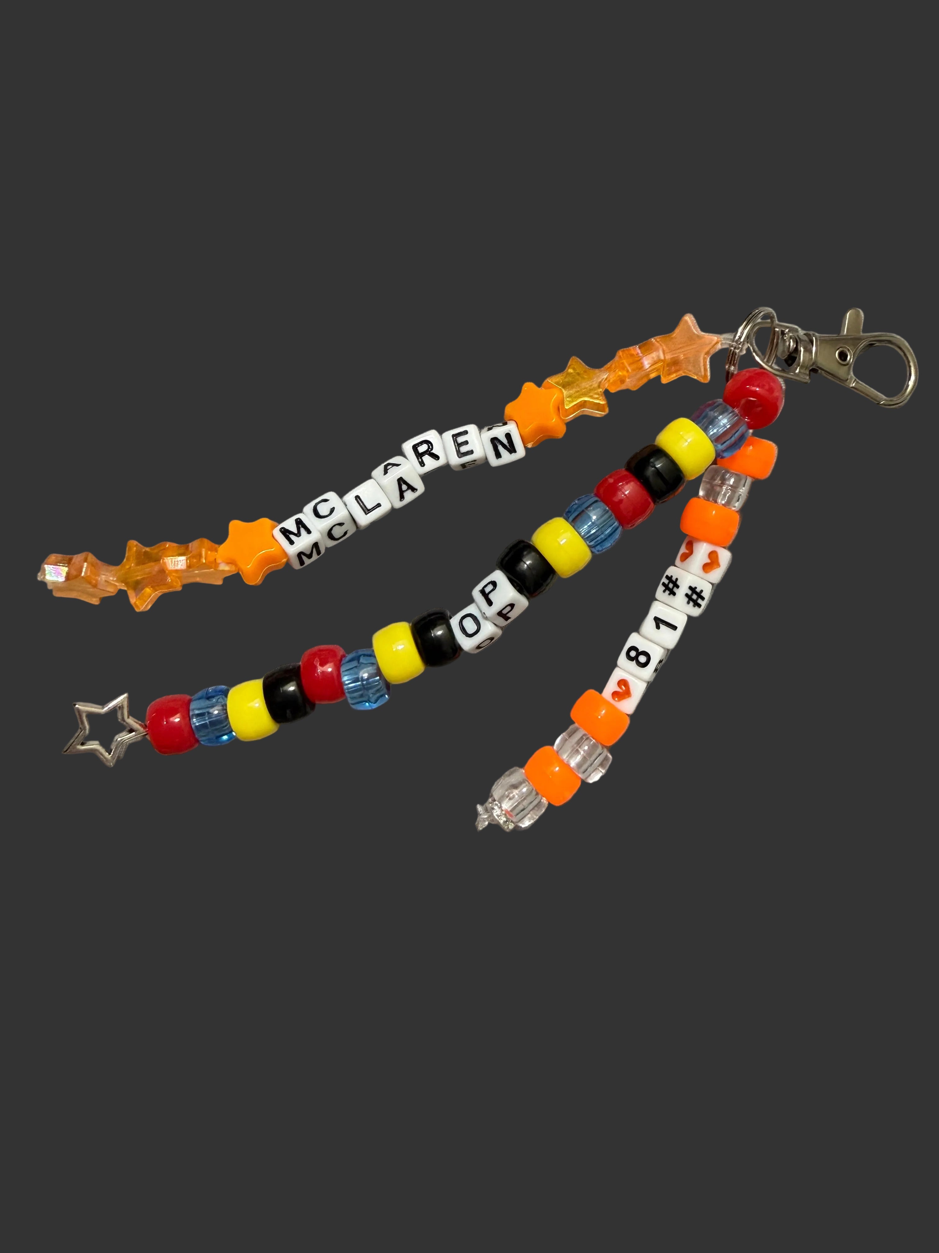 Formula 1 bag charms, hand beaded Driver bag charm keyrings.