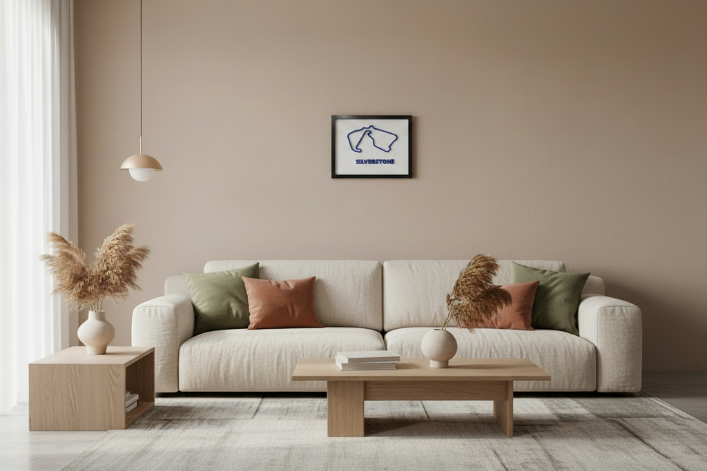 Silverstone circuit 3D printed frame displayed in a modern living room